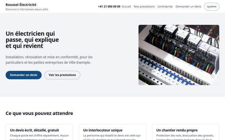 Aperçu du site vitrine d'un électricien : promesse, photo de tableau et demande de devis.